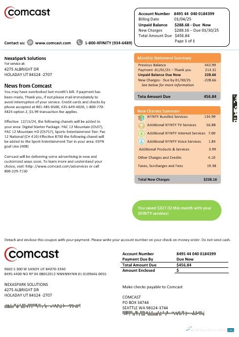 USA Utah Comcast business utility bill template in Word and PDF formats, version 2